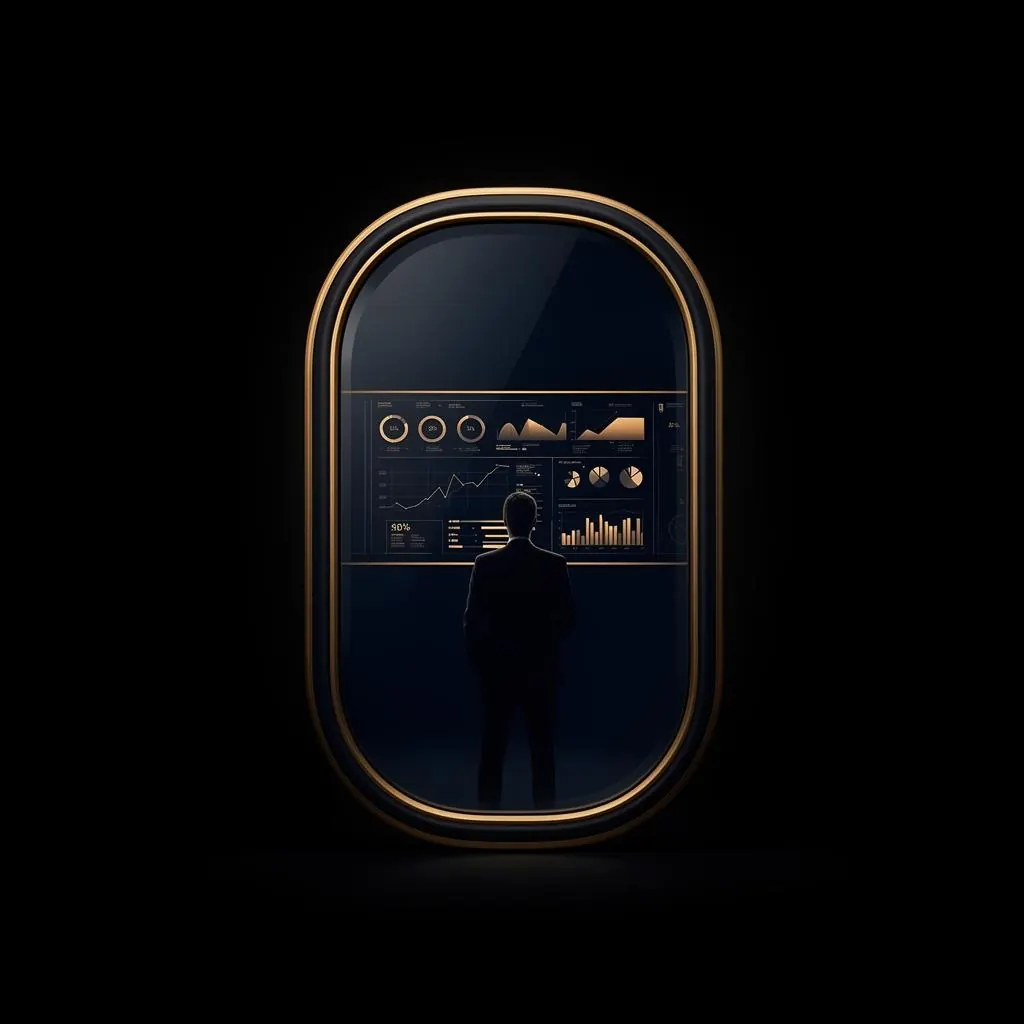 A mirror reflecting a data dashboard, symbolizing a leader honestly examining their own metrics.