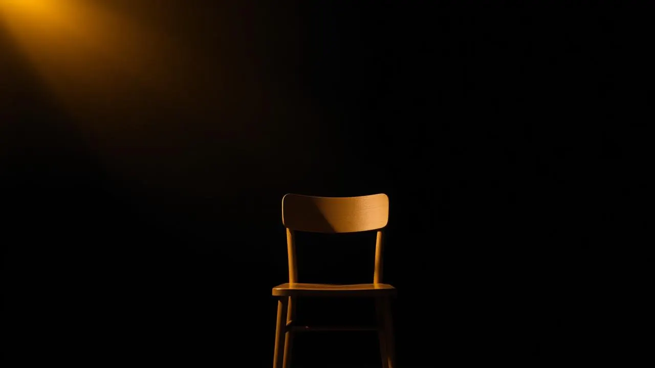 Empty wooden chair under a warm gold spotlight on a black background.
