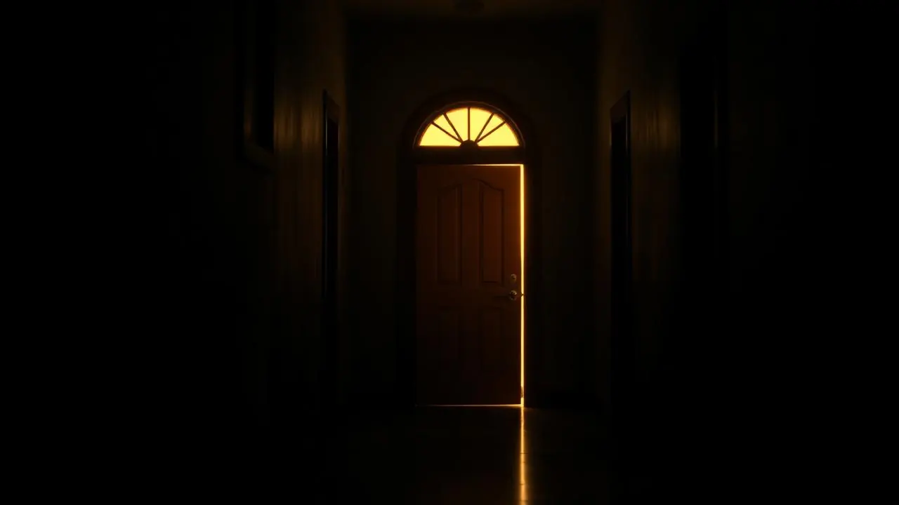 A single warmly lit doorway at the end of a dark corridor.