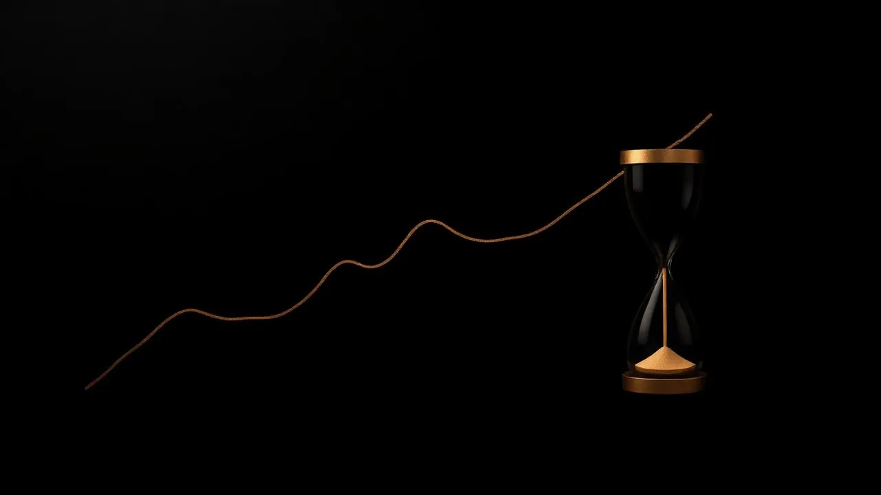 Gold ascending line chart next to an hourglass on a black background.