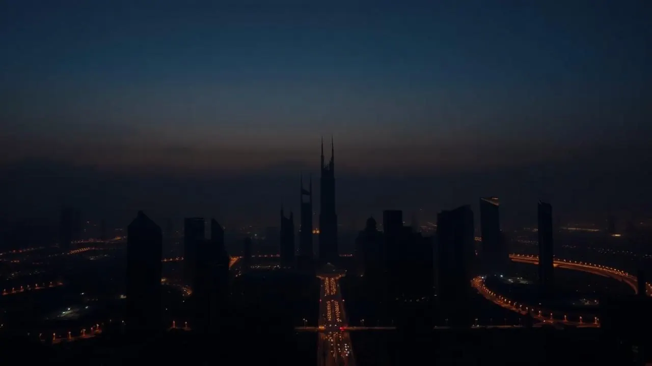 Aerial view of a GCC city skyline at dusk in deep navy and gold tones.