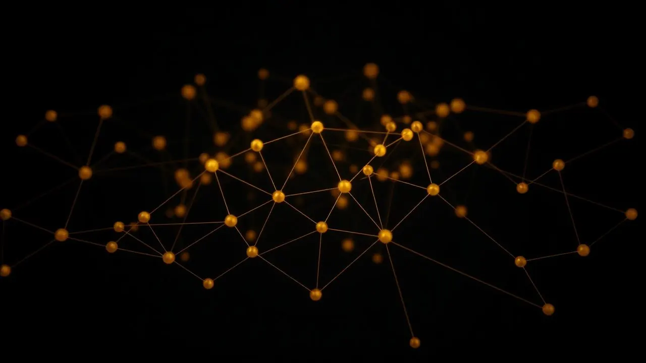 Abstract network of glowing gold nodes connected by fine threads on a black background.