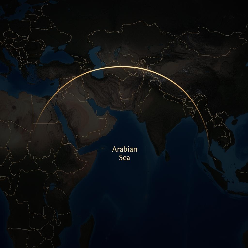 Topographic dark map of the Arabian Sea with a glowing gold arc connecting India and the Arabian peninsula.