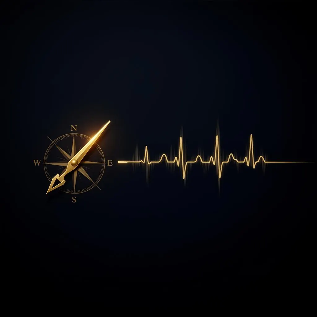 A glowing gold compass needle merging with a pulsing heartbeat line on a dark background.
