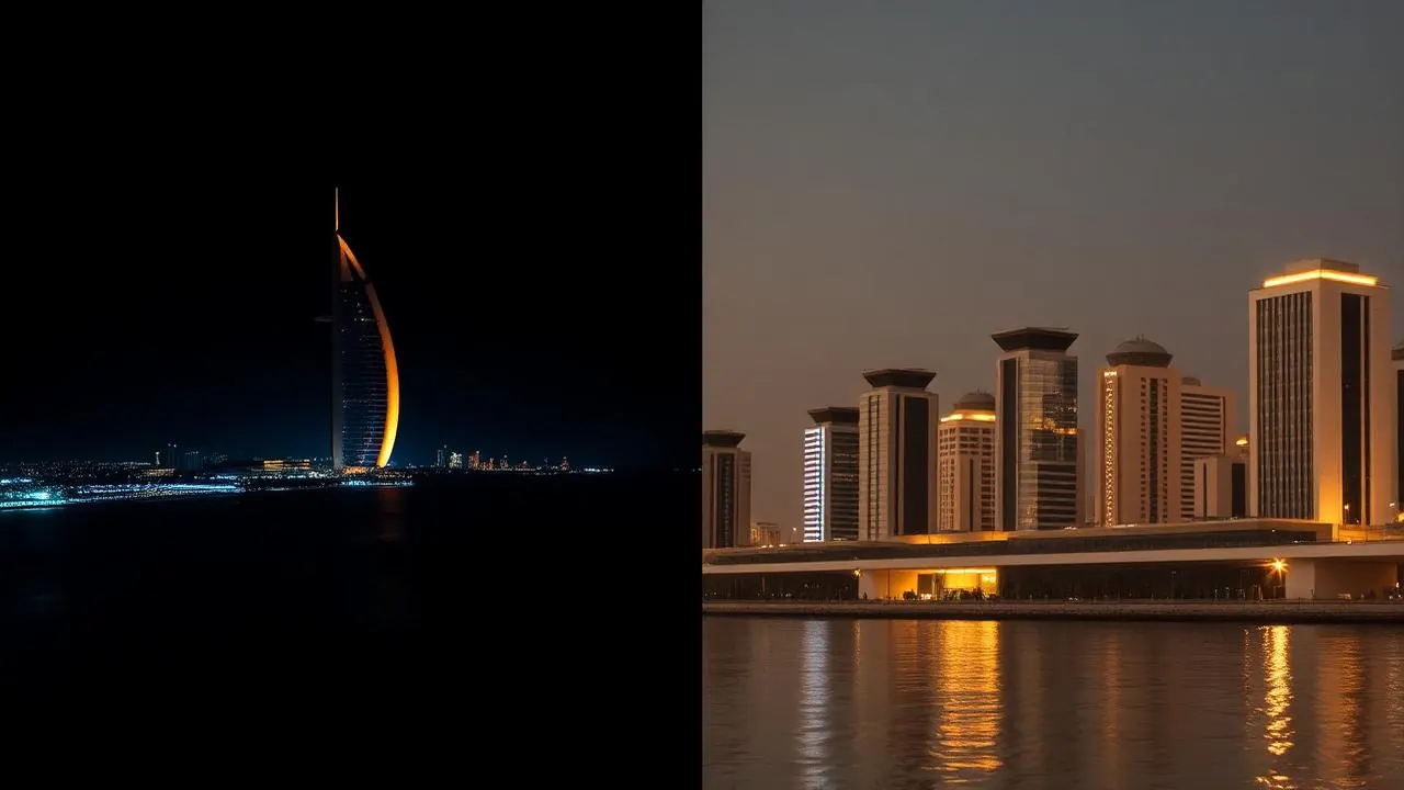 Split editorial composition of Abu Dhabi and Riyadh skylines at dusk.