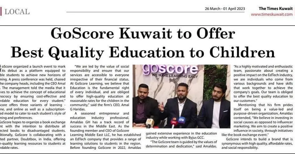 The Times Kuwait — GoScore Kuwait to Offer Best Quality Education to Children