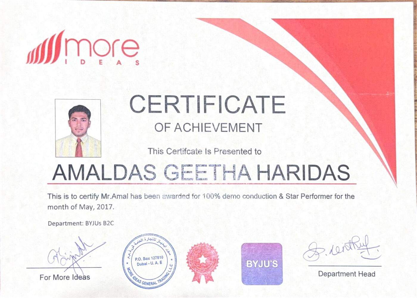100% Demo Conduction & Star Performer — May 2017
